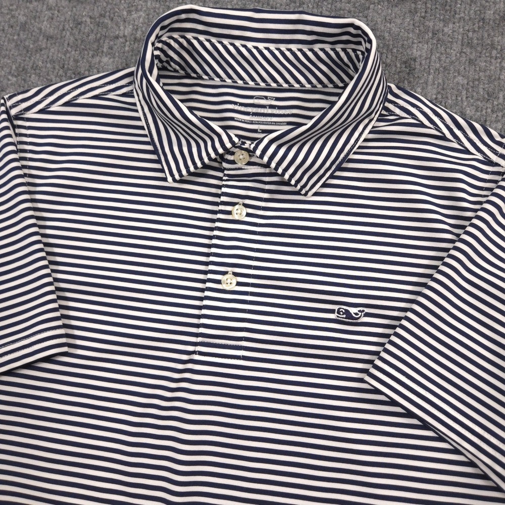 Vineyard Vines Sankaty Polo Shirt Boys Large (16) Navy White Striped Performance